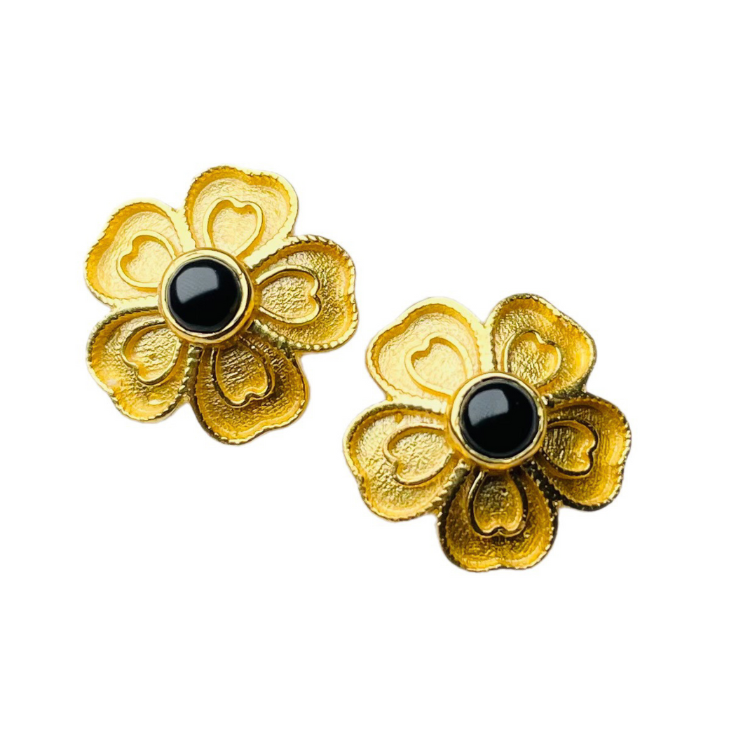 Gold Flower and Black Onyx Stud Earrings