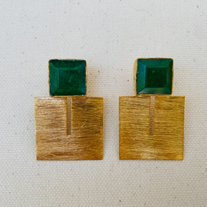 Green Onyx Squared Gold Earrings