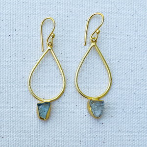 Raw Aquamarine Peardrop Gold Earrings