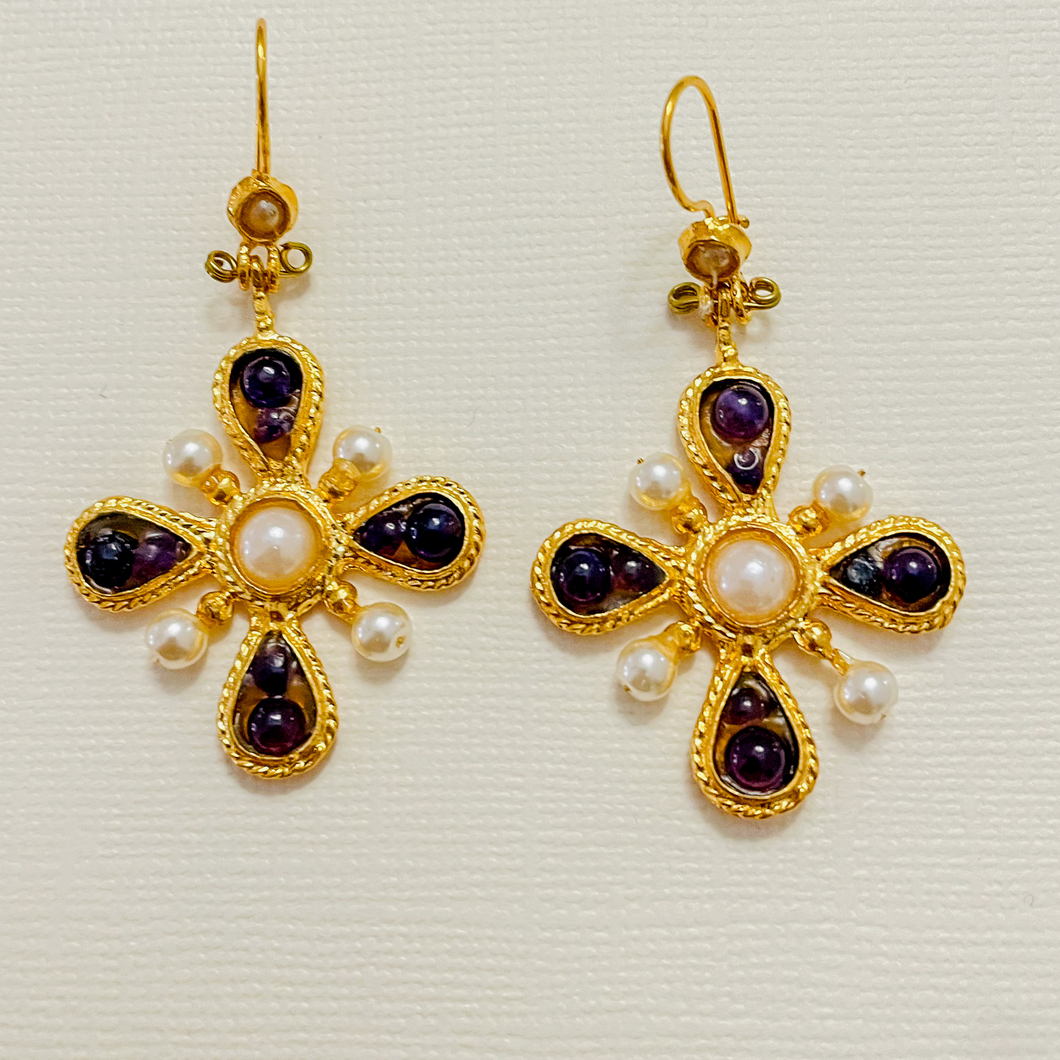 Purple Beads & Pearl Cross Earrings