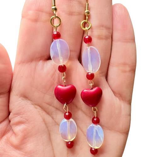 Red Heart and Opalite Drop Earrings