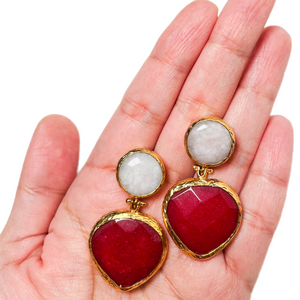 Red Heart and Quartz Gold Earrings