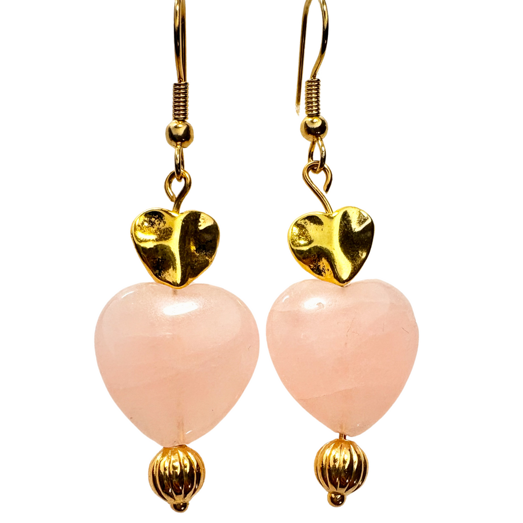 Rose Quartz and Gold Heart Earrings