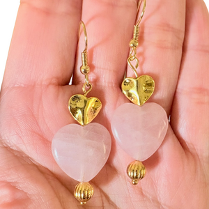 Rose Quartz and Gold Heart Earrings