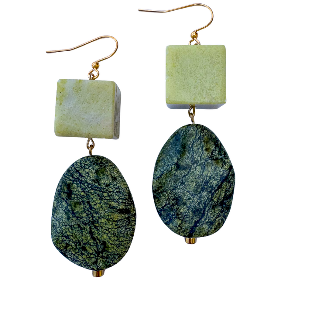 Dark Green and Yellow Serpentine Earrings