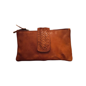 Cognac Brown Woven Tab Leather Crossbody Handbag