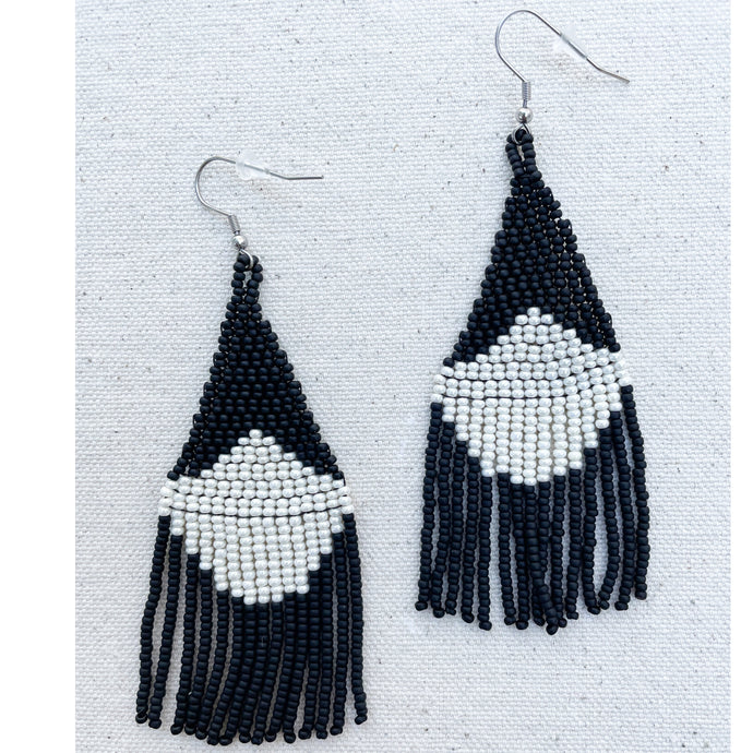 Matte Black and Off White Beaded Fringe Earrings