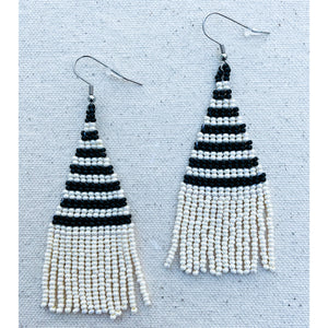 Black and Off Ivory Rows Beaded Fringe Earrings