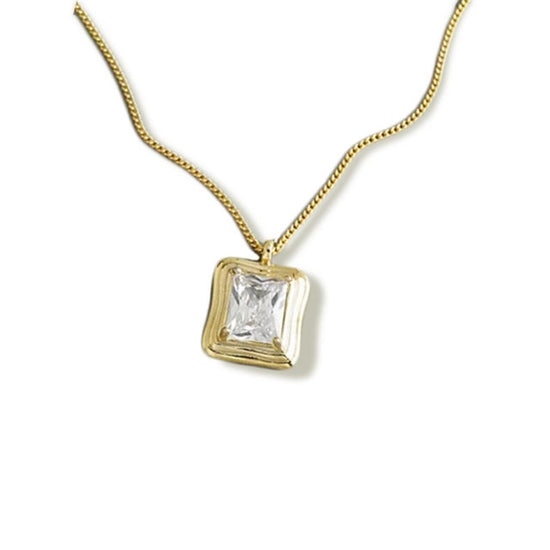 Rectangular Gold Pendant with CZ Necklace