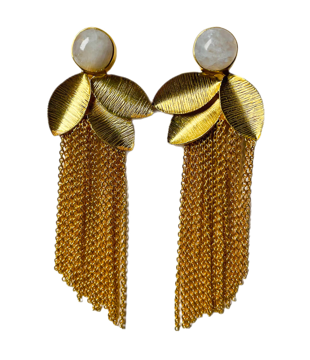 Moonstone with Gold Leaves & Tassels Earrings
